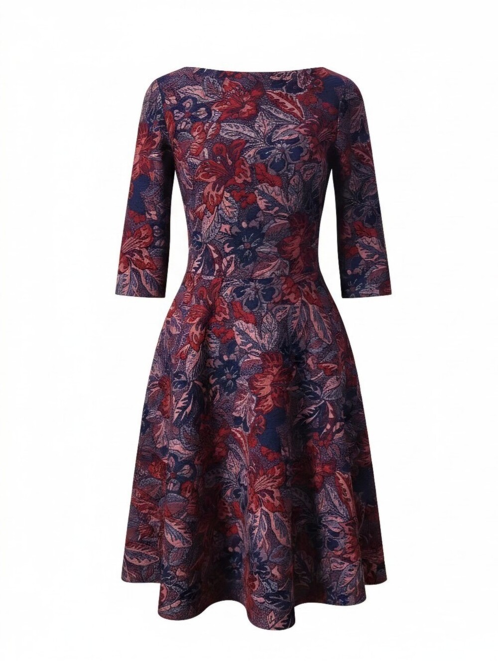 Leota Fit & Flare 3/4 Sleeve Dress Floral Jacquard in Navy and Red S